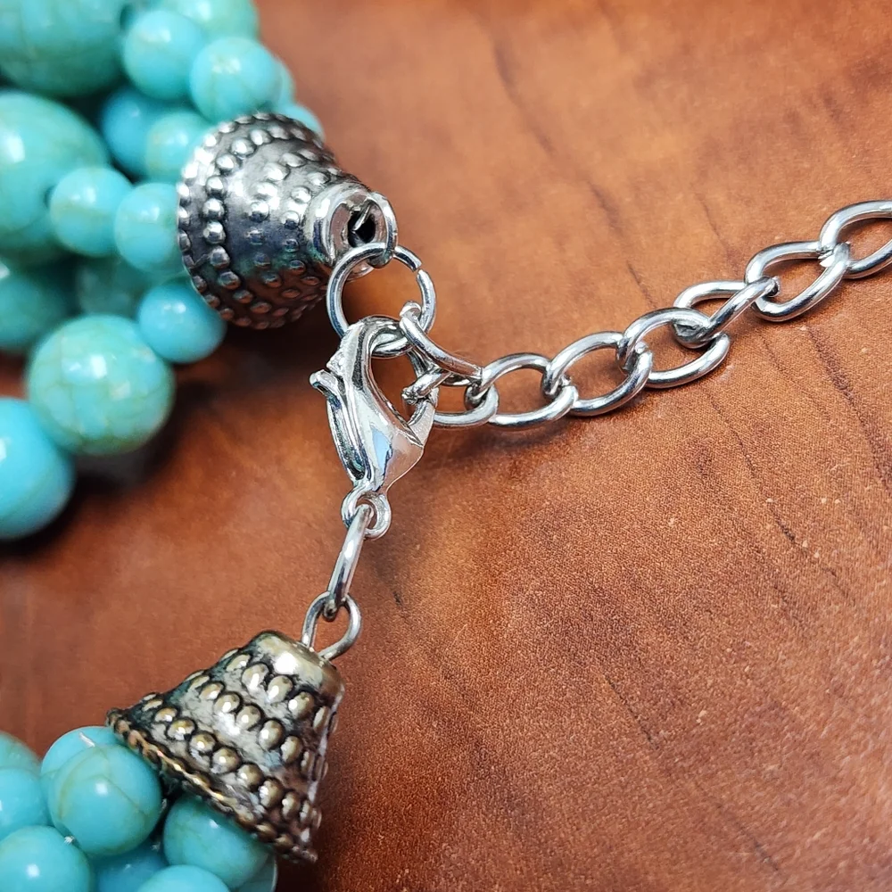 Vintage Chunky Faux Turquoise Beaded Statement Necklace and Pierced Earring Set - Picture 5 of 9